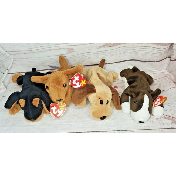 Doby, Bruno, Bones & Weeni Retired Vintage Beanie Baby Doggie Bundle - Picture 1 of 12